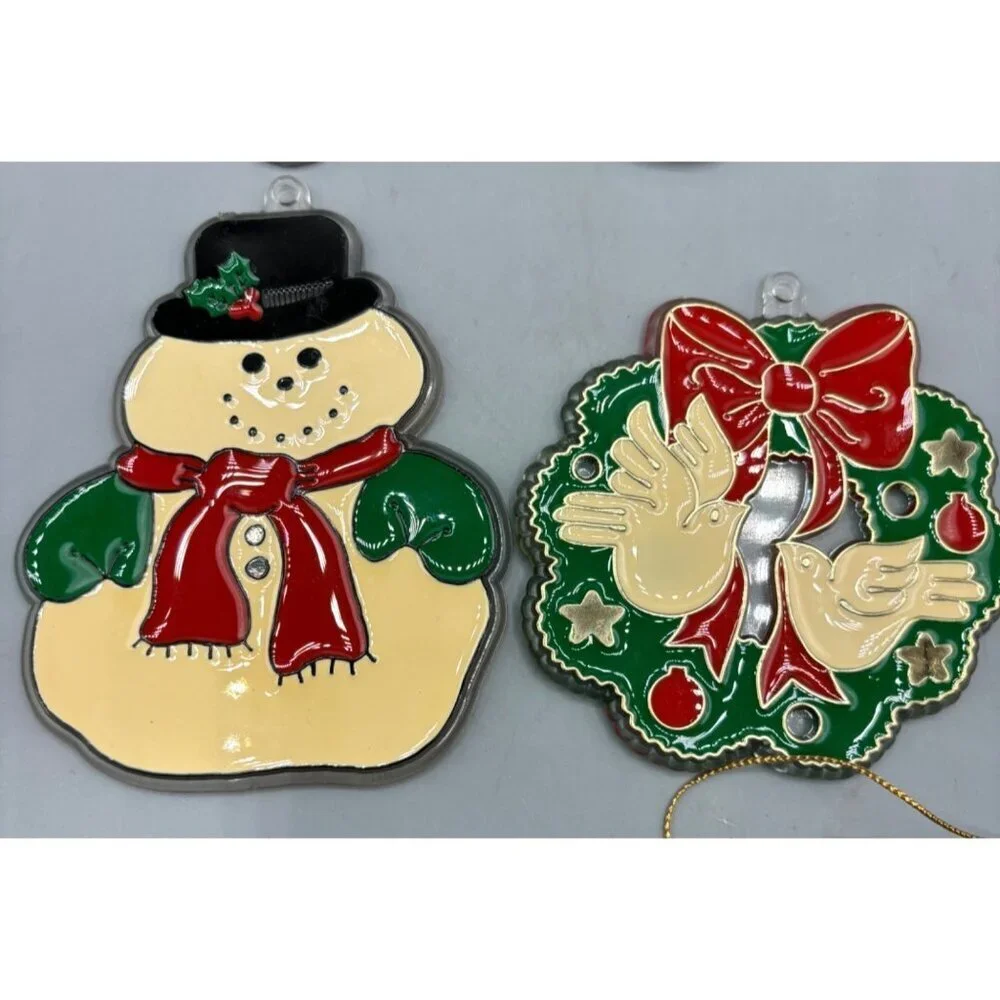 Vtg 8 Pc Christmas Stained Glass Ornaments Snowman Angel Santa‎ Wreath